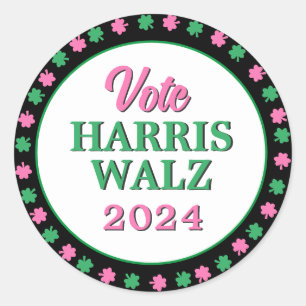 Roze groene klaver 2024 Stem Harris Walz Ronde Sticker