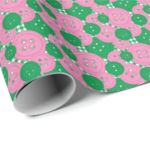 Roze & Groene Knopen Gingham - Ambacht & Naaiateli Cadeaupapier