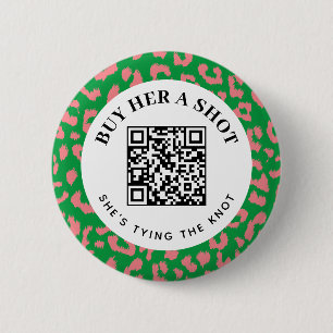 Roze Groene Leopard Bachelorette Party QR Betaling Ronde Button 5,7 Cm