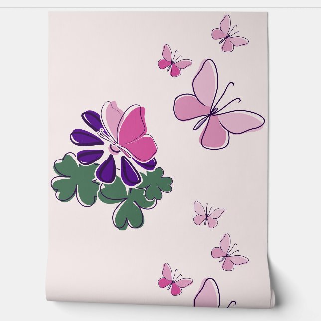 Roze Groene Paarse Doodle Bloeit Vlinders Accent Behang (Afrollen)