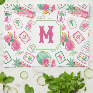 Roze & Groene Palm Beach Mahjong & Mixers Monogram Theedoek