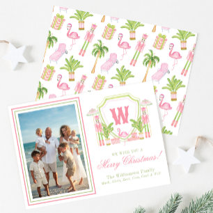 Roze & Groene Palm Beach Notenkraker Monogram Wape Feestdagenkaart