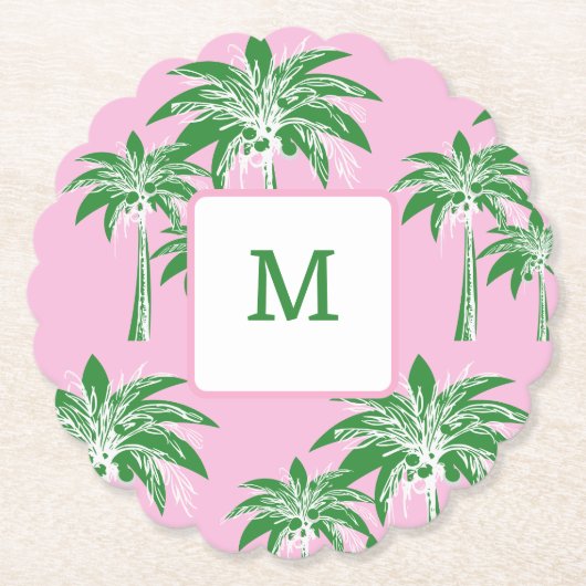Roze Groene Palm Tree Preppy Zomer Douche Monogram Kartonnen Onderzetters (Voorkant)