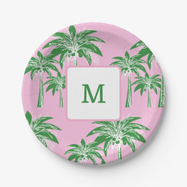 Roze Groene Palm Tree Preppy Zomer Monogram 7 inch Papieren Bordje