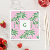 Roze Groene Palm Tree Preppy Zomer Strand Monogram Servet (Insitu)