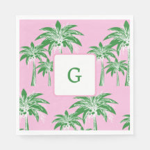 Roze Groene Palm Tree Preppy Zomer Strand Monogram
