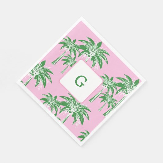 Roze Groene Palm Tree Preppy Zomer Strand Monogram Servet (Hoek)