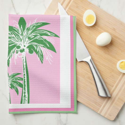 Roze Groene Palmboom Preppy Kuststrand Theedoek (Quarter Fold)