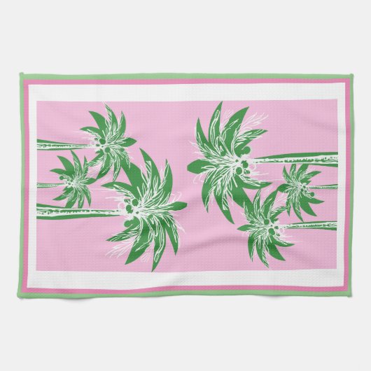 Roze Groene Palmboom Preppy Kuststrand Theedoek (Horizontaal)