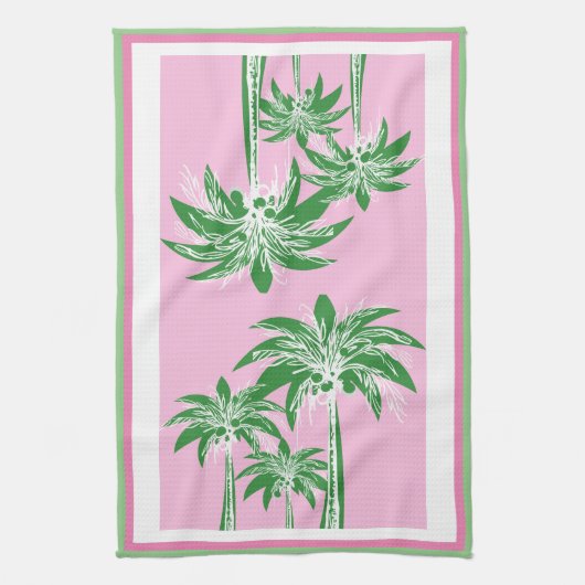 Roze Groene Palmboom Preppy Kuststrand Theedoek (Verticaal)