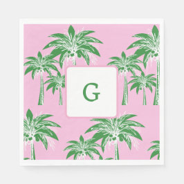 Roze Groene Palmboom Preppy Zomer Strand Monogram Servet