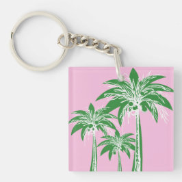 Roze Groene Palmboom Preppy Zomer Strand Tropisch Sleutelhanger