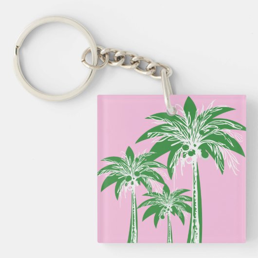 Roze Groene Palmboom Preppy Zomer Strand Tropisch Sleutelhanger (voorkant)