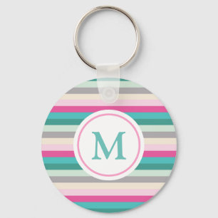 Roze groene pasta Striped Monogram Sleutelhanger