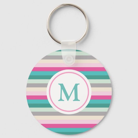 Roze groene pasta Striped Monogram Sleutelhanger (Voorkant)