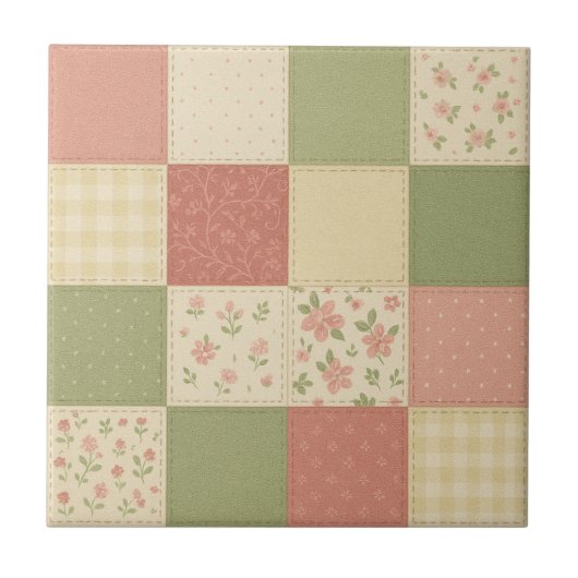 Roze Groene Patchwork Quilt Rustieke Boerderij Blo Tegeltje (Voorkant)