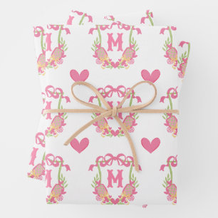 Roze & Groene Pickleball Paddles Monogram Crest Inpakpapier Vel