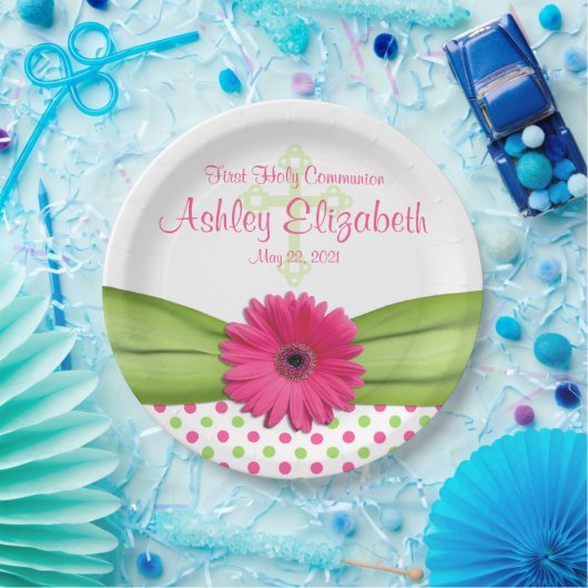 Roze groene poka Dots First Communalized Papieren Bordje (Feest)