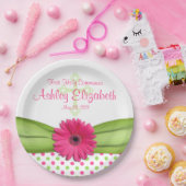 Roze groene poka Dots First Communalized Papieren Bordje (Feest)