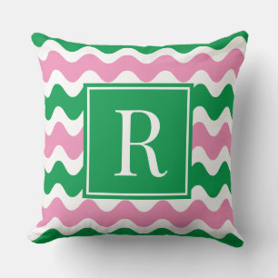 Roze & Groene Preppy Ric Rac Streep Monogram Kussen