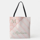 Roze groene rendy Floral Stripes Naam Monogram Draagtas (Voorkant)