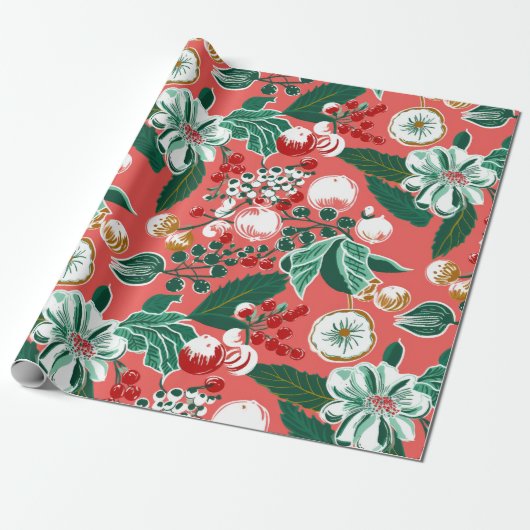 Roze Groene Retro Bloemen Kerstmis Cadeaupapier (Uitgerold)