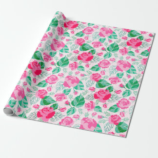 Roze Groene Rozenblaadjes Bloemen Tuin Bruiloft Cadeaupapier