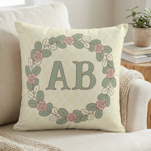 Roze groene rozenkrans monogram kussen