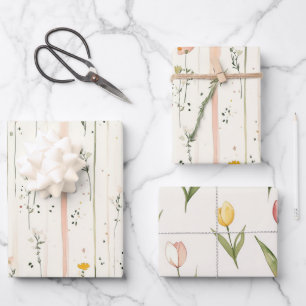 Roze Groene Strepen Bloemen Tulpen Bruids Bruiloft Inpakpapier Vel