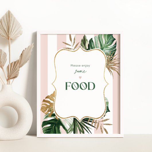Roze groene strepen tropische palm Voedsel tafel t Poster