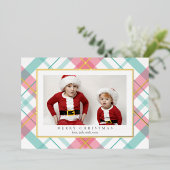 Roze Groene Tartan Plaid Kerst Folie Kaart (Staand Voorkant)