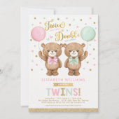 Roze groene Teddy Bear Balloon Twin Baby shower Kaart (Voorkant)