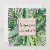 Roze & groene tropische bladeren Sweet 16-feestje Kaart (Voorkant)