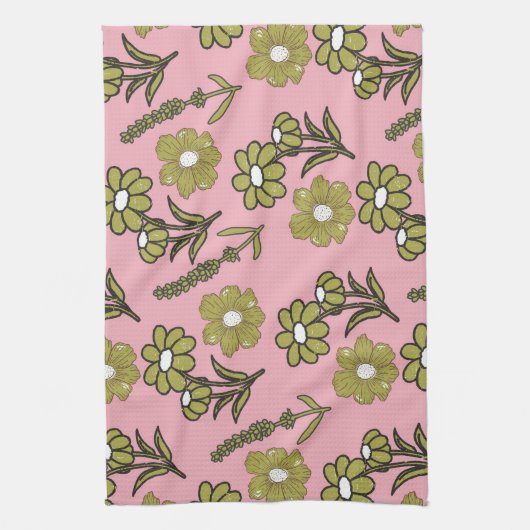 Roze groene tropische bloemen botanische lente zom theedoek (Verticaal)