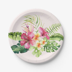 Roze groene, tropische bloemen papieren Borden, 7 Bordje