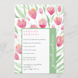 Roze Groene Tulp Bloemen Waterverf Afstuderen Kaart