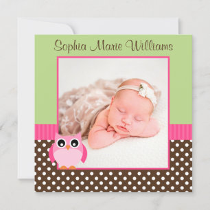 Roze groene uil foto geboorte aankondiging