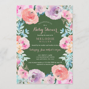 Roze groene Vintage Floral Baby shower Uitnodiging