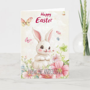 Roze groene vlinders en knuffelkonijn feestdagen kaart