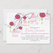 Roze & Groene Vogelkooi Baby shower Uitnodiging (Voorkant)