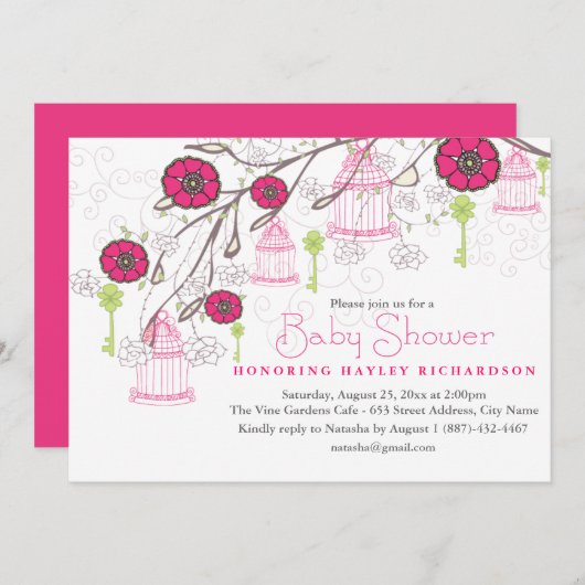 Roze & Groene Vogelkooi Baby shower Uitnodiging (Voorkant / Achterkant)