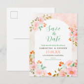 Roze & groene waterverf bloemen save the date aankondigingskaart (Voorkant / Achterkant)