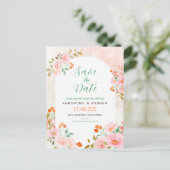 Roze & groene waterverf bloemen save the date aankondigingskaart (Staand voorkant)