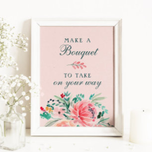 Roze groene Waterverf Floral Bouquet Favor Sign Poster