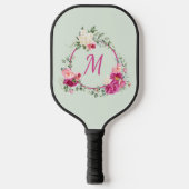 Roze + groene Waterverf Floral Monogram Initiaal Pickleball Paddle (Voorkant)