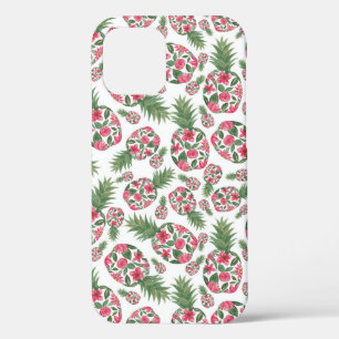 Roze groene Waterverf Floral Pineapples Patroon iPhone 12 Hoesje