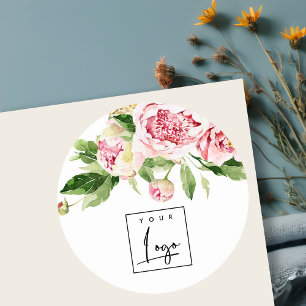 Roze Groene Waterverf Pioen Bloemig Logo Zakelijk Ronde Sticker