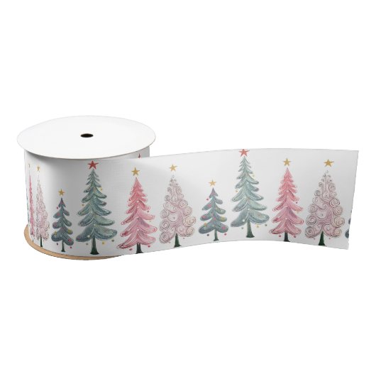 Roze groene wervelende kerstbomen lint (Spoel)