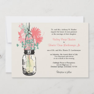 Roze & Groene Wildflowers & Mason Jar Wedding Kaart