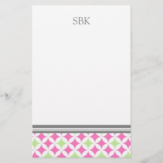 Roze, groene, witte, aangepaste monogram briefpapier (Voorkant)